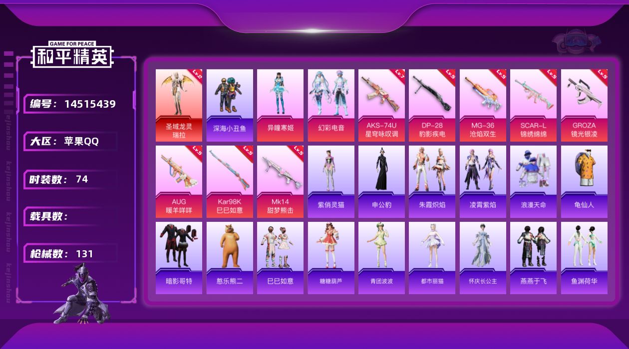 和平精英账号苹果QQ[14515439]【店主推荐捡漏号！可直接换绑】/素材身法号/地铁满天赋  苹果 手Q-1神装-2粉装-8特效枪-1粉色飞行器-3.6w热力值-1王牌印记-74套装-131枪皮【红色神装等级】：圣域