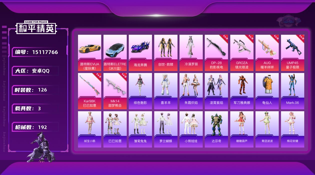 和平精英账号安卓QQ[15117766]【店主推荐捡漏号！可直接换绑】 安卓 手Q-2粉装-6特效枪-3载具-1粉色飞行器-5.6w热力值-12王牌印记-126套装-192枪皮【热门品类】：角色-军刀雅典娜，套装-龟仙人