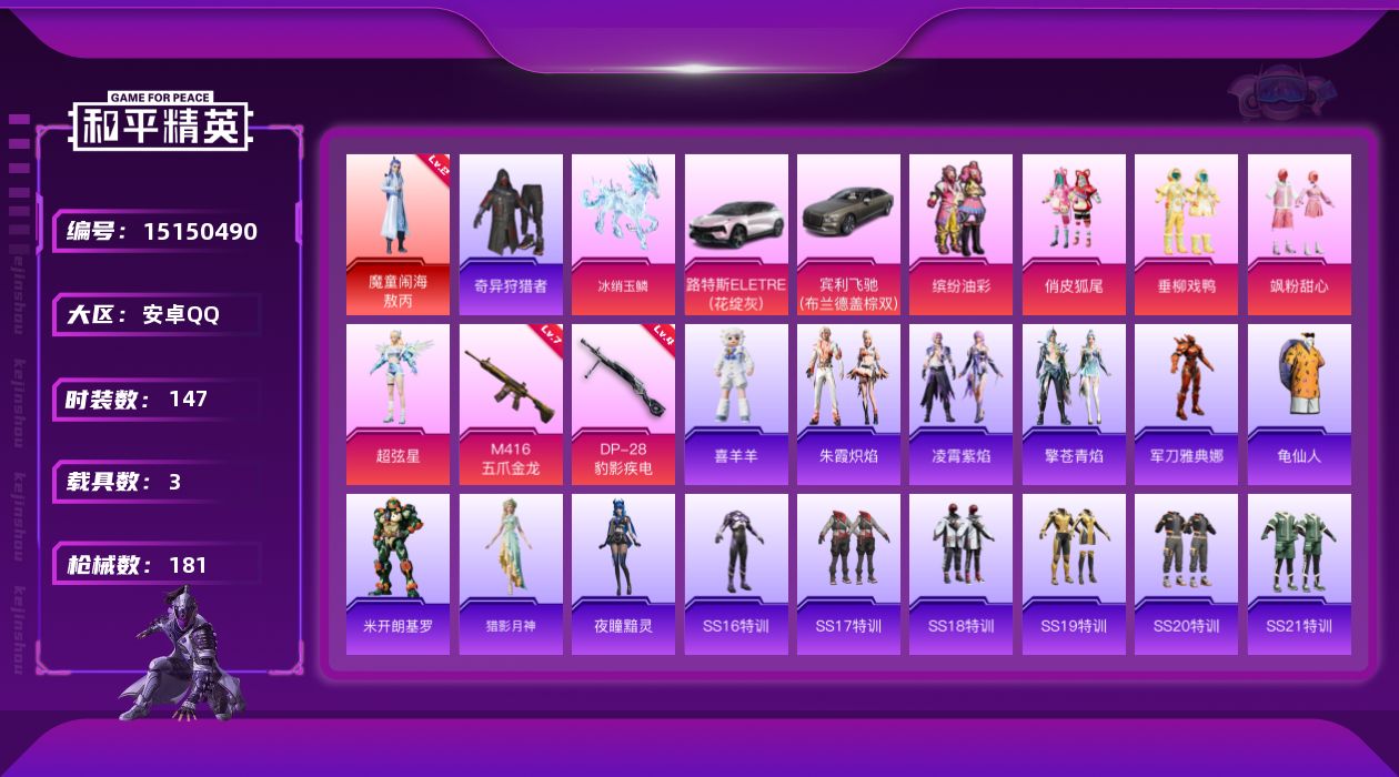 和平精英账号安卓QQ[15150490]【暑期末清货/特价急出/永久包赔】：安卓 手Q-1红装-5粉装-2特效枪-3载具-6.4w热力值-12印记-147套装-181枪皮【热门品类】：套装-奇异狩猎者，角色-军刀雅典娜【