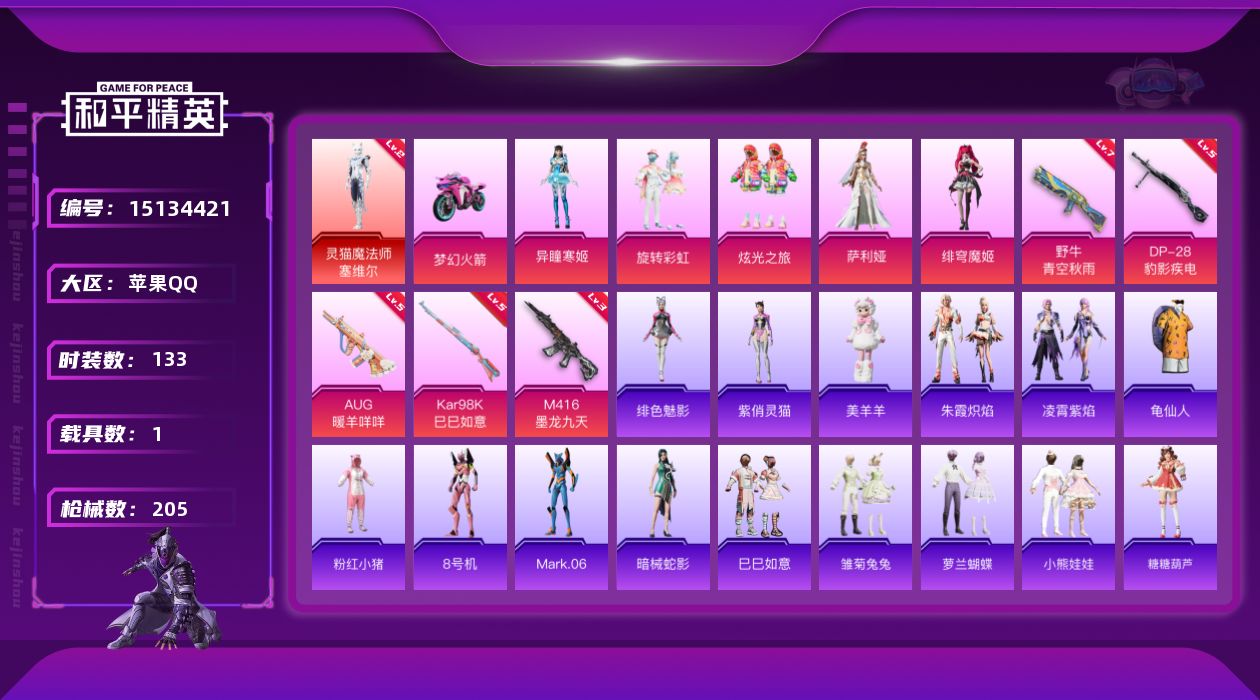 和平精英账号苹果QQ[15134421]【店主推荐捡漏号！可直接换绑】/素材身法号/地铁满天赋 苹果 手Q-1神装-5粉装-5特效枪-1载具-3粉色飞行器-6.5w热力值-9王牌印记-133套装-205枪皮【红色神装等级