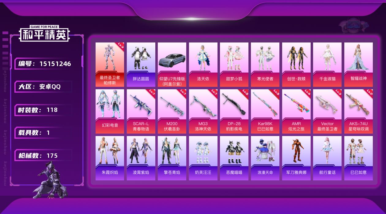 和平精英账号安卓QQ[15151246]素材身法号【特价急出/详情看图】：安卓 手Q-1神装-7粉装-8特效枪-1载具-2粉色飞行器-6w热力值-11王牌印记-118套装-175枪皮【红色神装等级】：最终圣卫者-帕修斯(