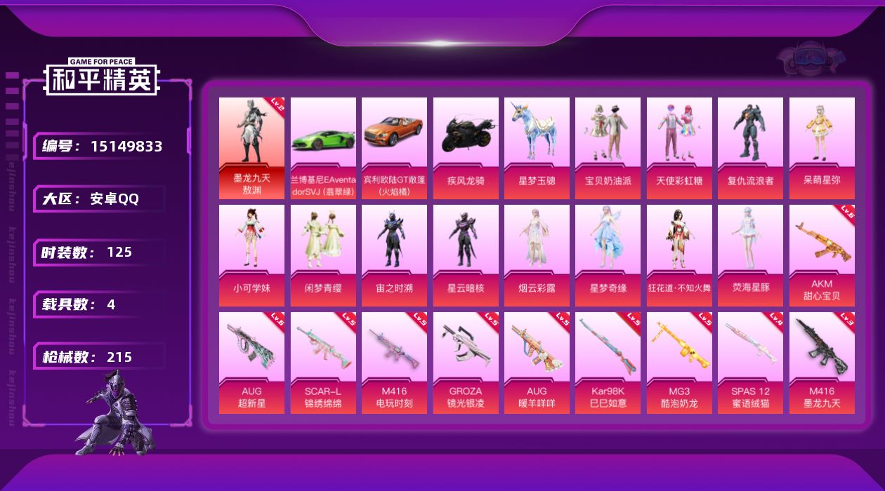 和平精英账号安卓QQ[15149833]【特价出售/店主推荐】 安卓 手Q-1神装-12粉装-11特效枪-4载具-5粉色飞行器-71163热力值-11王牌印记-125套装-215枪皮
【红色神装等级】：墨龙九天-敖渊(二