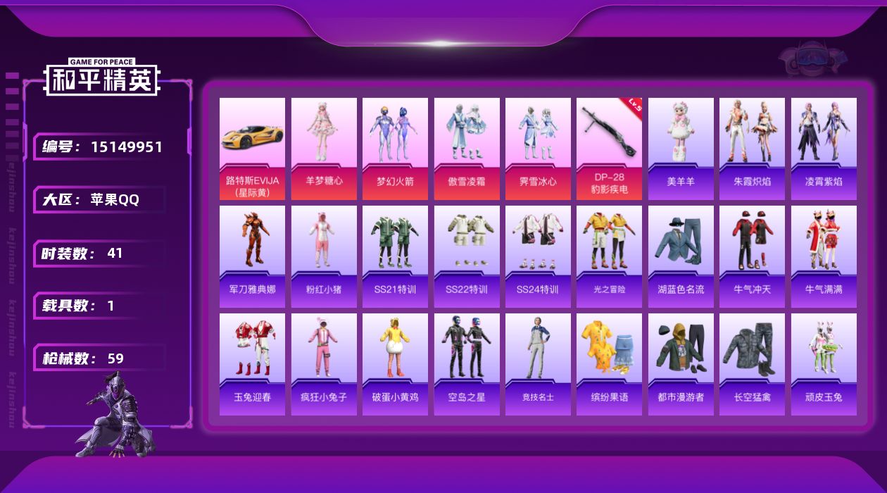和平精英账号苹果QQ[15149951]【店主推荐捡漏号！可直接换绑】 苹果 手Q-4粉装-1特效枪-1载具-1粉色飞行器-1.9w热力值-3王牌印记-41套装-59枪皮【热门品类】：粉装-梦幻火箭，角色-军刀雅典娜，套