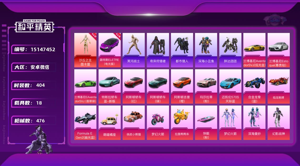 和平精英账号安卓微信[15147452]木乃伊-29印记-双字ID-1神装-59粉装-33特效枪-18载具-23粉色飞行器-242692热力值-29王牌印记-404套装-476枪皮
【红色载具】：路特斯ELETRE（电光