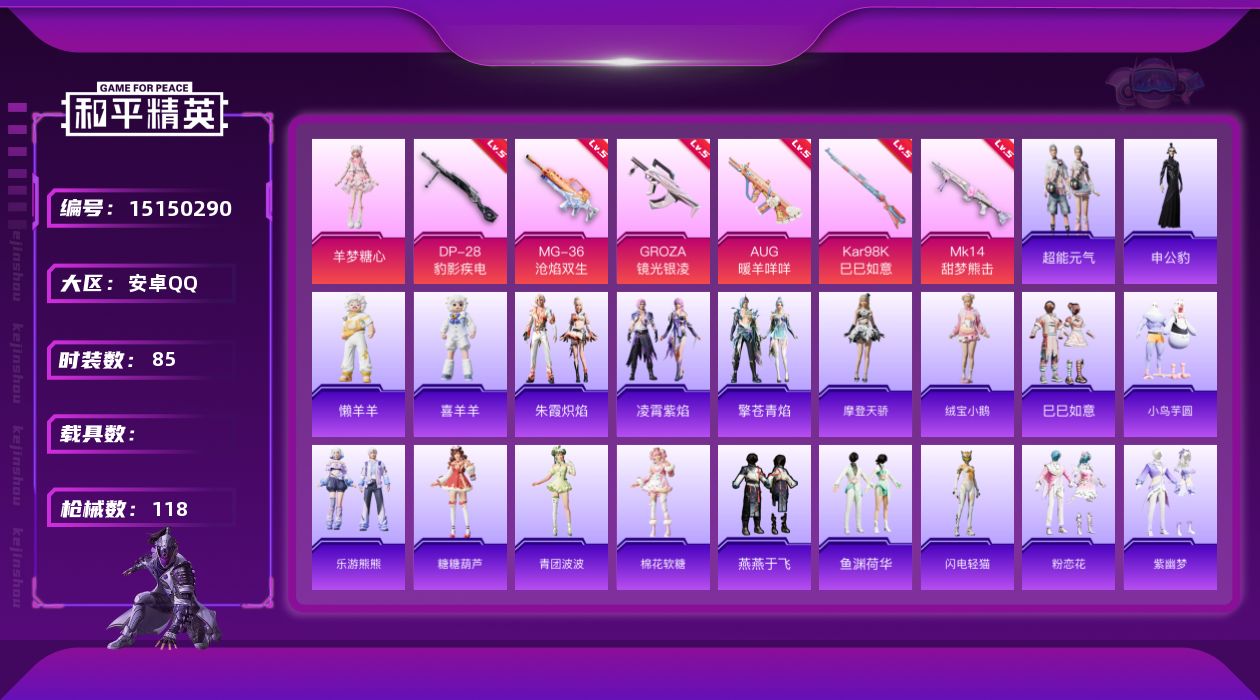 和平精英账号安卓QQ[15150290]【特价出售/店主推荐】 地铁满天赋 安卓 手Q-1粉装-6特效枪-0载具-2粉色飞行器-3.2w热力值-7王牌印记-85套装-118枪皮【粉色套装】：角色-羊梦糖心【粉色枪皮等级】