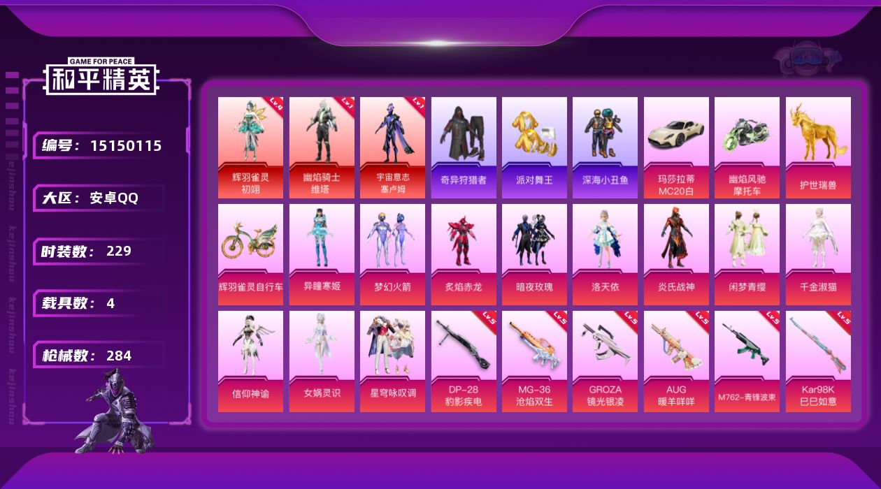 和平精英账号安卓QQ[15150115]【店主推荐捡漏号！可直接换绑】安卓 手Q-3神装-11粉装-13特效枪-4载具-12粉色飞行器-109906热力值-14王牌印记-229套装-284枪皮【红色神装等级】：辉羽雀灵-
