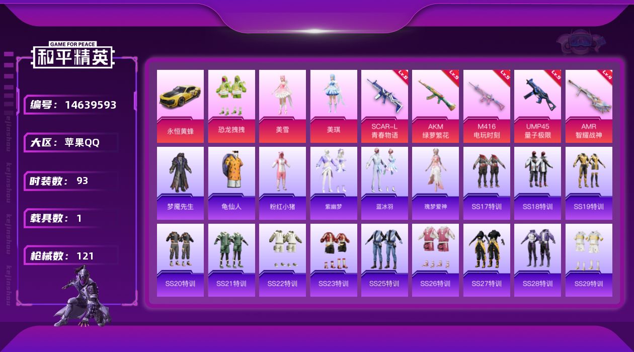 和平精英账号苹果QQ[14639593]可二次【店主推荐捡漏号！可直接换绑】/地铁满天赋 苹果 手Q-3粉装-5特效枪-1载具-1粉色飞行器-3.6w热力值-14王牌印记-93套装-121枪皮【热门品类】：套装-龟仙人，