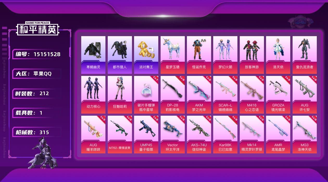 和平精英账号苹果QQ[15151528]素材身法号/无敌战神框1/绝世印记1【特价急出/详情看图】：苹果 手Q-无敌战神框-7粉装-16特效枪-1载具-3粉色飞行器-8.8w热力值-13王牌印记-212套装-315枪皮【