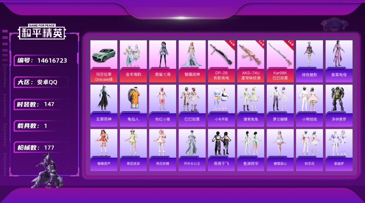 和平精英账号安卓QQ[14616723]可二次【店主推荐捡漏号！可直接换绑】/连体王者v3 安卓 手Q-3粉装-3特效枪-1载具-2粉色飞行器-5.5w热力值-7王牌印记-147套装-177枪皮【热门品类】：套装-龟仙人