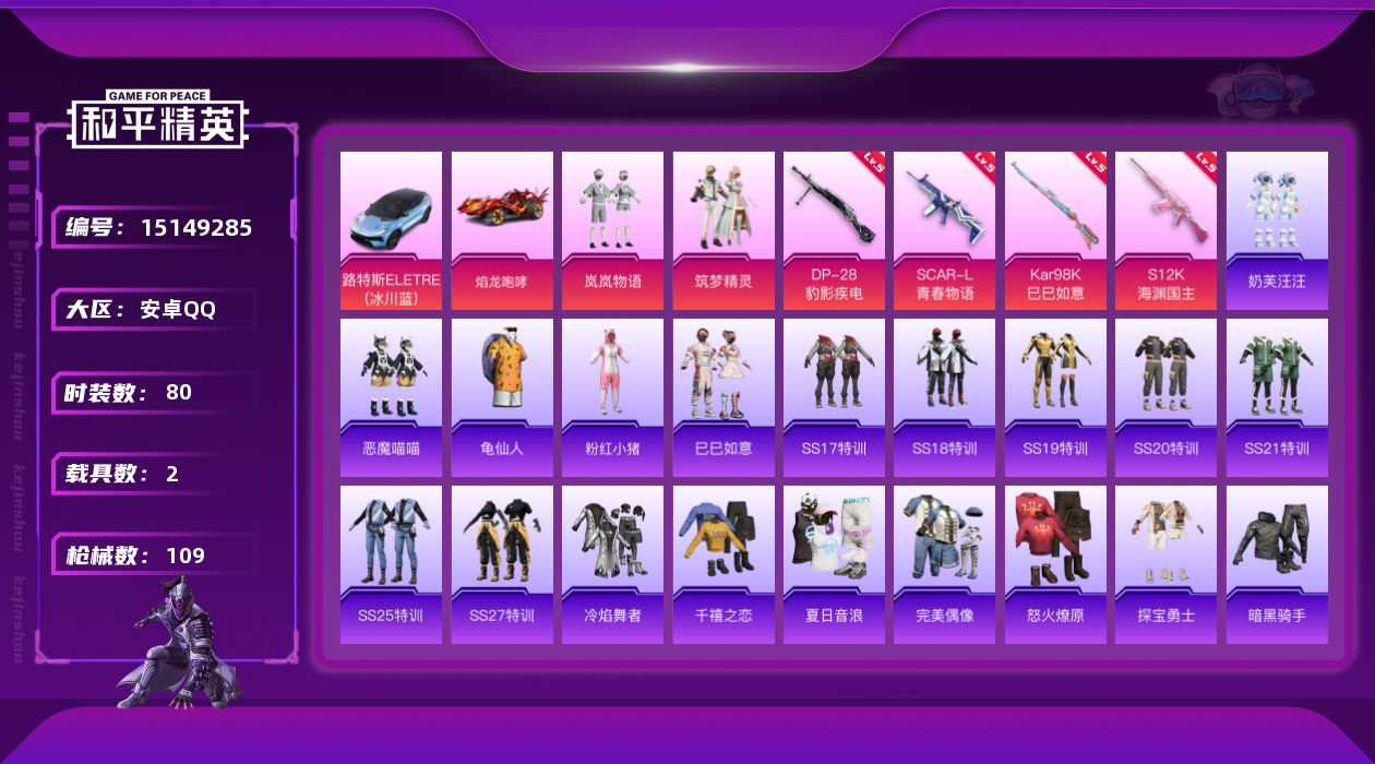 和平精英账号安卓QQ[15149285]可二次【店主推荐捡漏号！可直接换绑】/素材身法号 安卓 手Q-2粉装-4特效枪-2载具-2粉色飞行器-3.5w热力值-4王牌印记-80套装-109枪皮【热门品类】：套装-龟仙人，套