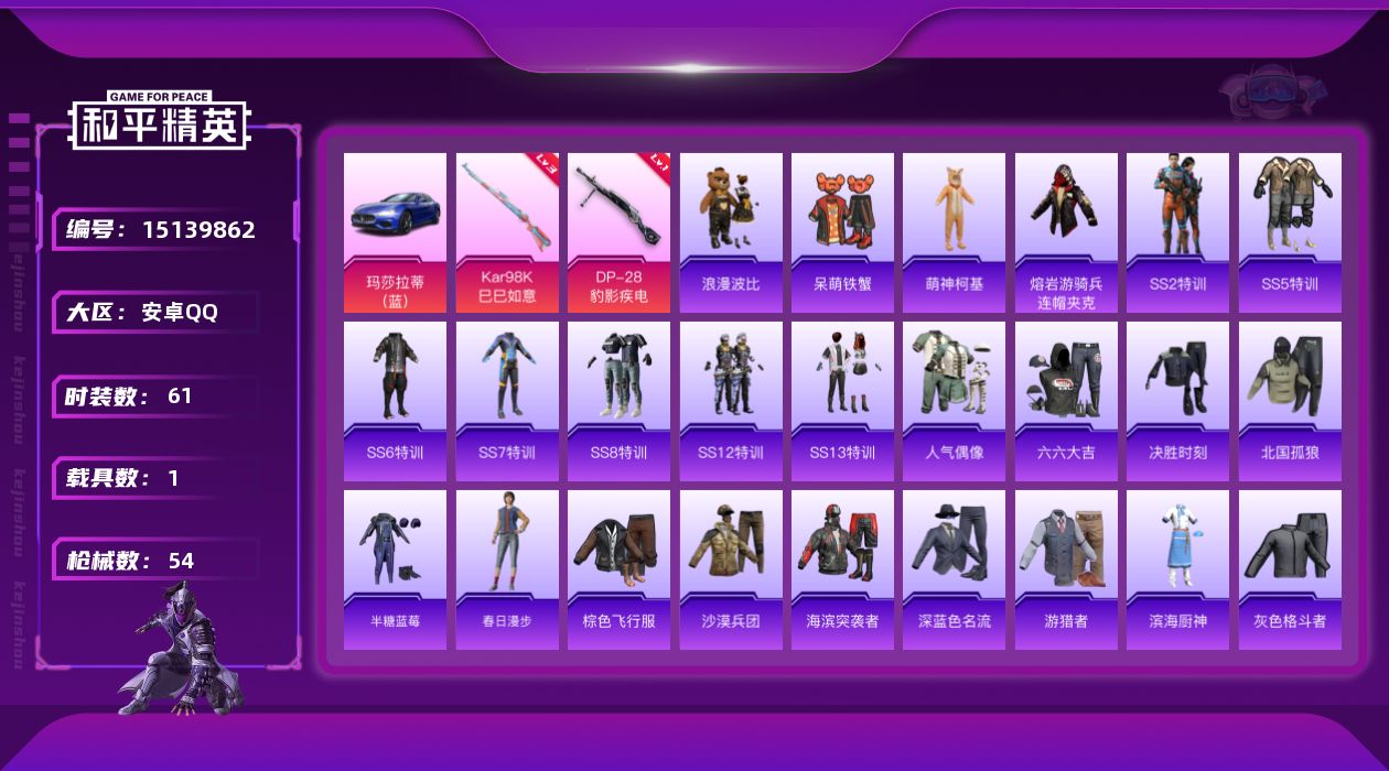 和平精英账号安卓QQ[15139862]【店主推荐捡漏号！可直接换绑】 安卓 手Q-2特效枪-1载具-1.6w热力值-2王牌印记-61套装-54枪皮【热门品类】：套装-SS1特训，套装-浪漫波比，熔岩游骑兵连帽夹克【粉色