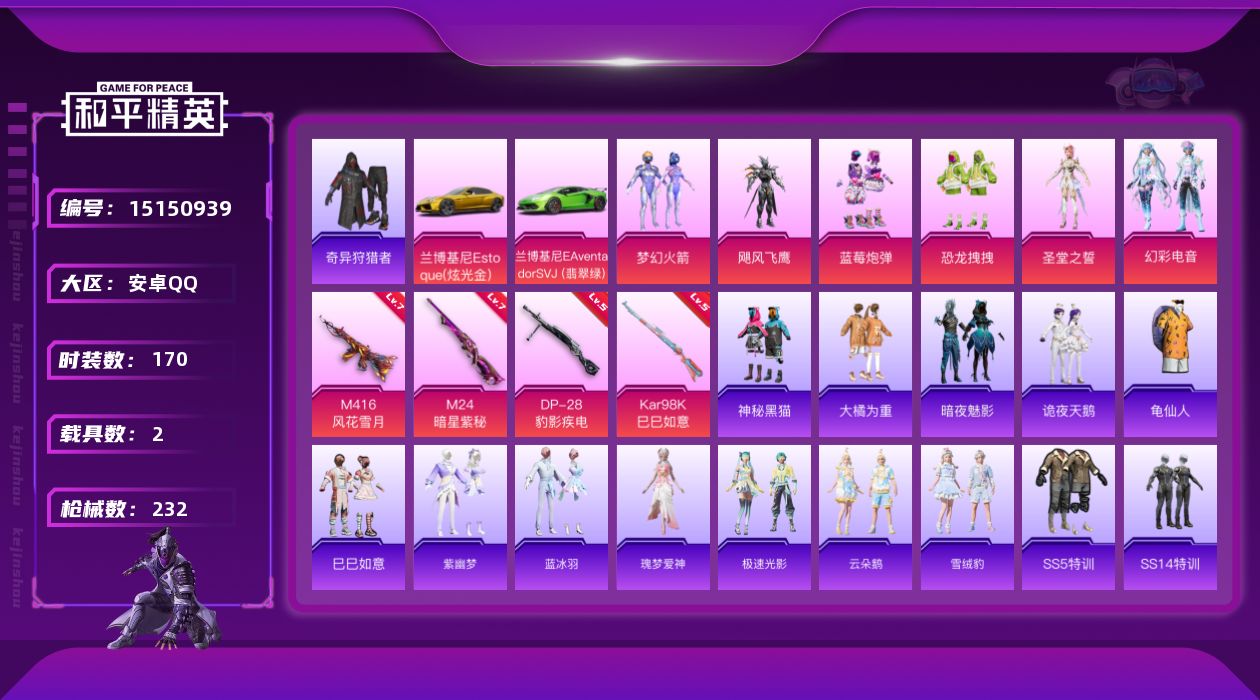 和平精英账号安卓QQ[15150939]【店主推荐捡漏号！可直接换绑】安卓 手Q-6粉装-4特效枪-2载具-6粉色飞行器-79988热力值-12王牌印记-170套装-232枪皮【热门品类】：粉装-梦幻火箭，套装-奇异狩猎