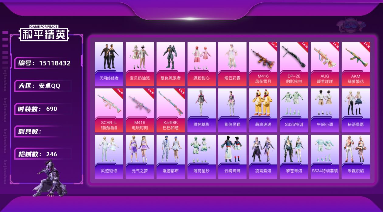 和平精英账号安卓QQ4粉装 7特效枪 0.0载具 14印记 可二次 
【热门装扮】鹰眼刺客,迅捷狂鲨,宝贝奶油派,激萌罗