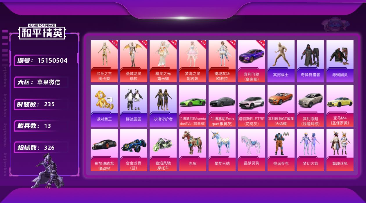 和平精英账号苹果微信[15150504]【特价出售/店主推荐】苹果 微信-5神装-32粉装-23特效枪-13载具-13粉色飞行器-142952热力值-10王牌印记-235套装-326枪皮
【红色载具】：宾利飞驰（皇家紫）