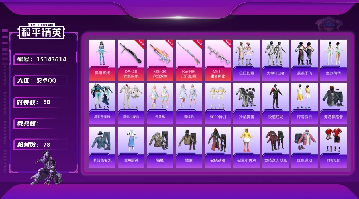 和平精英账号安卓QQ[15143614]【店主推荐捡漏号！可直接换绑】/地铁满天赋 安卓 手Q-1粉装-4特效枪-1粉色飞行器-2.1w热力值-5王牌印记-58套装-78枪皮【粉色套装】：角色-异瞳寒姬【粉色枪皮等级】：