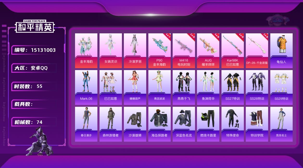 和平精英账号安卓QQ[15131003]【店主推荐捡漏号！可直接换绑】  地铁满天赋 安卓 手Q-3粉装-5特效枪-0载具-0粉色飞行器-2.2w热力值-5王牌印记-55套装-74枪皮【热门品类】：套装-龟仙人，角色-M