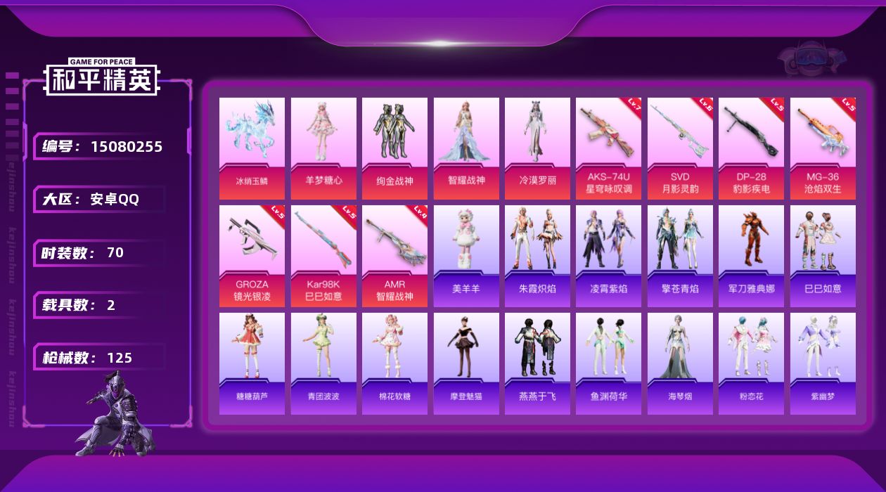 和平精英账号安卓QQ[15080255]【店主推荐捡漏号！可直接换绑】安卓 手Q-4粉装-7特效枪-2载具-2粉色飞行器-3.7w热力值-7王牌印记-70套装-125枪皮【热门品类】：角色-军刀雅典娜【粉色载具】：僚机-