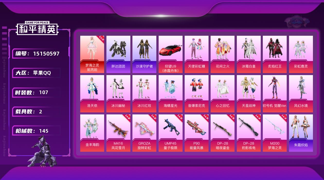 和平精英账号苹果QQ[15150597]【暑期末清货/特价急出/永久包赔/商品详情看图】：苹果 手Q-1红装-15粉装-7特效枪-1载具-5.3w热力值-7印记-107套装-145枪皮【热门品类】：套装-胖达团团，套装-