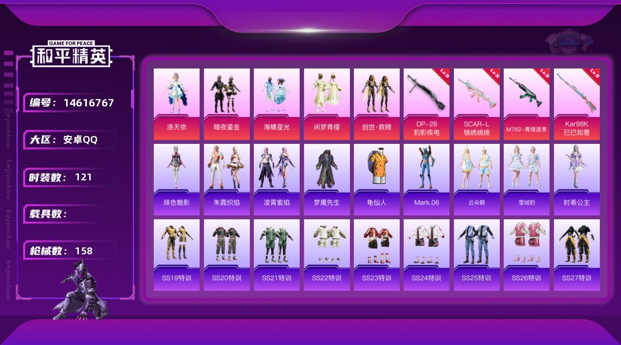 和平精英账号安卓QQ[14616767]【店主推荐捡漏号！可直接换绑】/地铁满天赋 安卓 手Q-5粉装-4特效枪-4.6w热力值-6王牌印记-121套装-158枪皮【热门品类】：套装-龟仙人，角色-Mark.06，大砍刀