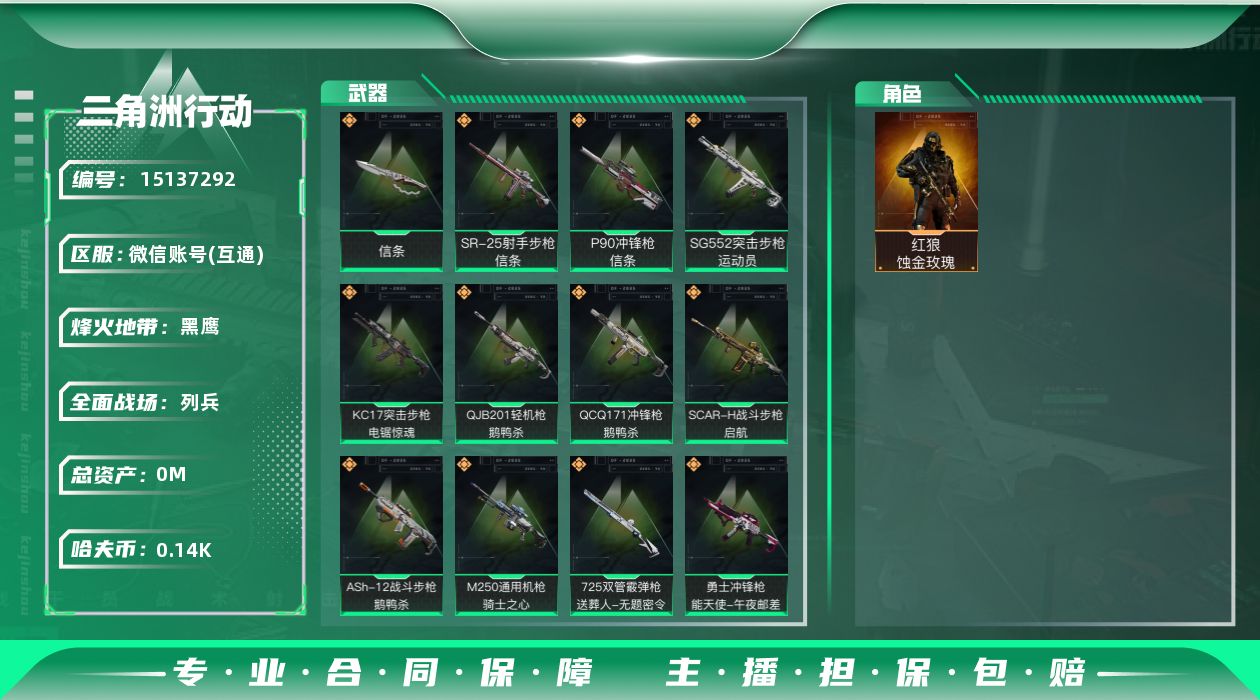 三角洲行动账号VX[]总资产:116.3M 1干员外观 1近战传说 25传说枪械 顶级安全箱(3*3)1.28号到期 