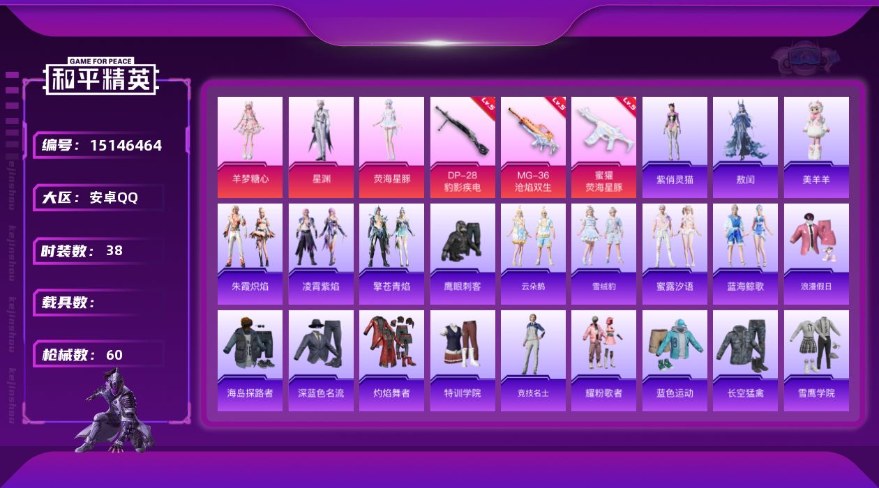 和平精英账号安卓QQ[15146464]【店主推荐捡漏号！可直接换绑】 安卓 手Q-3粉装-3特效枪-1粉色飞行器-1.6w热力值-2王牌印记-38套装-60枪皮【粉色套装】：角色-荧海星豚，角色-星渊，角色-羊梦糖心【