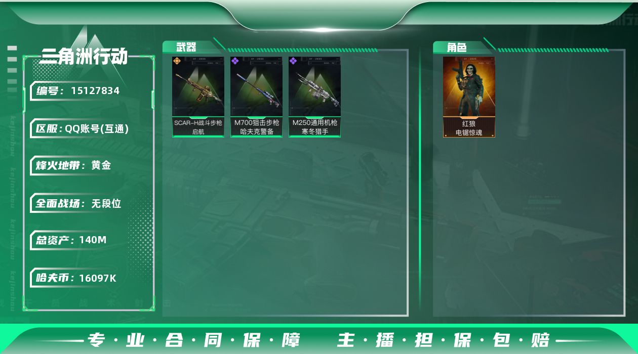 三角洲行动账号QQ总资产：140.6M, 哈夫币：16097K ;总资产(M)：140M/哈夫币(K)：16097K/