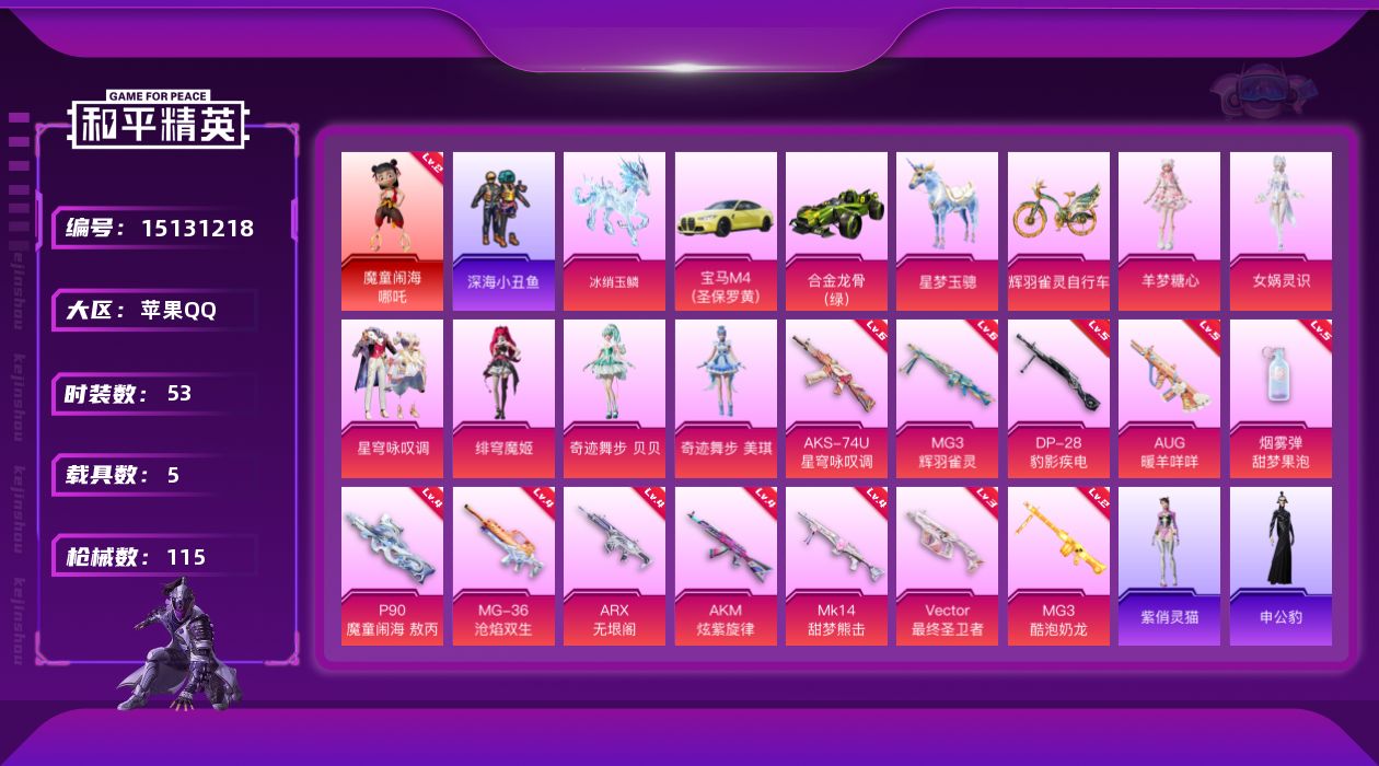 和平精英账号苹果QQ[15131218]素材身法号/绝世印记3 苹果 手Q-1神装-6粉装-12特效枪-5载具-11粉色飞行器-4.5w热力值-4王牌印记-53套装-115枪皮【红色神装等级】：魔童闹海-哪吒(二级)【热