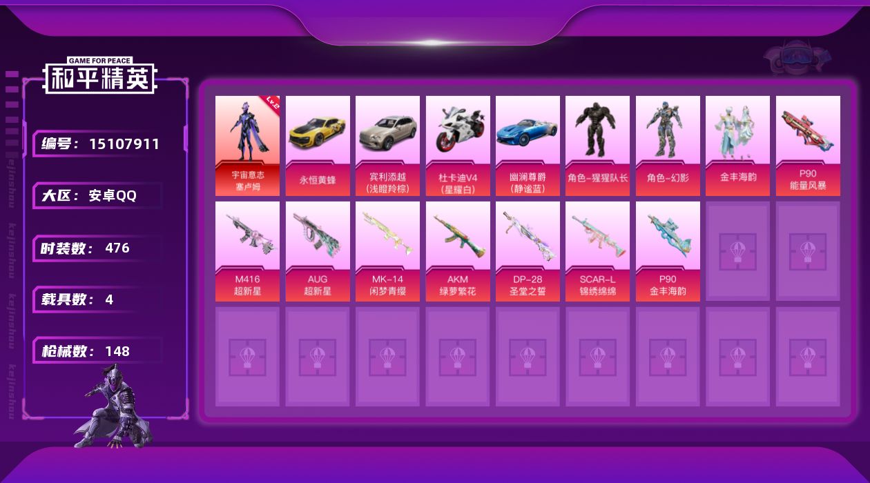和平精英账号安卓QQ[15107911][12275198]DAS5781 钱包无法注销 (可二次实名) 安卓Q-1红装5稀有4载具5粉装10特效枪9热门126套装148枪皮 56247热力值 7印记 历史卓越王牌15星