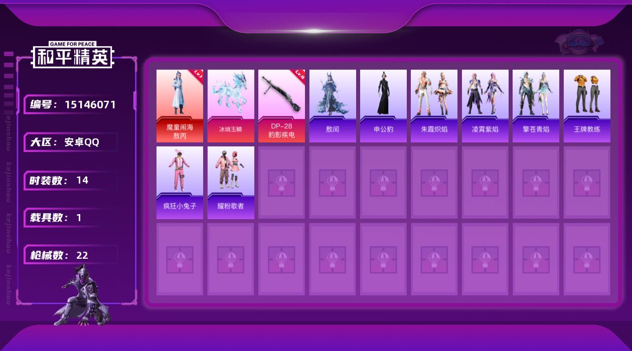 和平精英账号安卓QQ[15146071]可二次 【店主推荐捡漏号！可直接换绑】安卓 手Q-1神装-0粉装-1特效枪-1载具-2粉色飞行器-8470热力值-1王牌印记-14套装-22枪皮
【红色神装等级】：魔童闹海-敖丙(