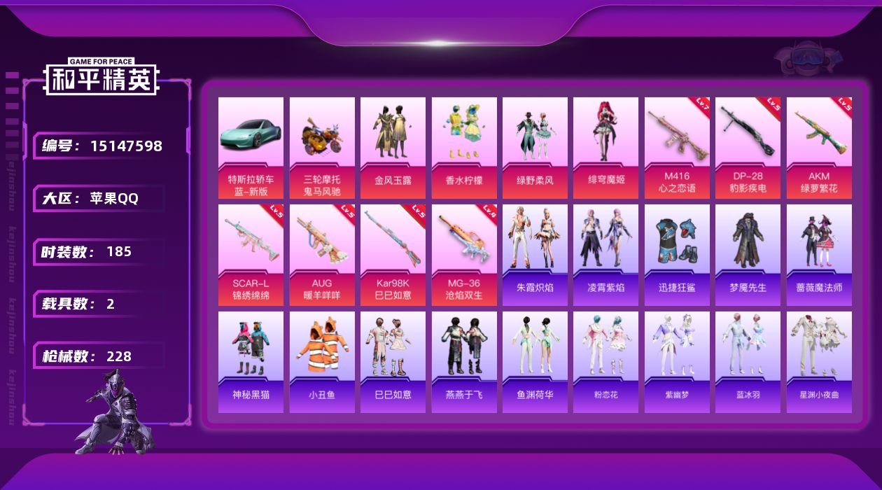 和平精英账号苹果QQ[15147598]可二次【店主推荐捡漏号！可直接换绑】/素材身法号 苹果 手Q-4粉装-7特效枪-2载具-6.8w热力值-7王牌印记-185套装-228枪皮【热门品类】：套装-小丑鱼，旭日初心兜帽大