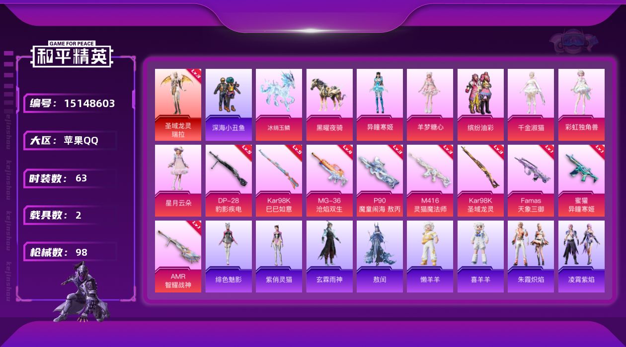 和平精英账号苹果QQ[15148603]可二次【店主推荐捡漏号！可直接换绑】/素材身法号/璀璨碎片1511 苹果 手Q-1神装-6粉装-9特效枪-2载具-7粉色飞行器-3.8w热力值-4王牌印记-63套装-98枪皮【红色