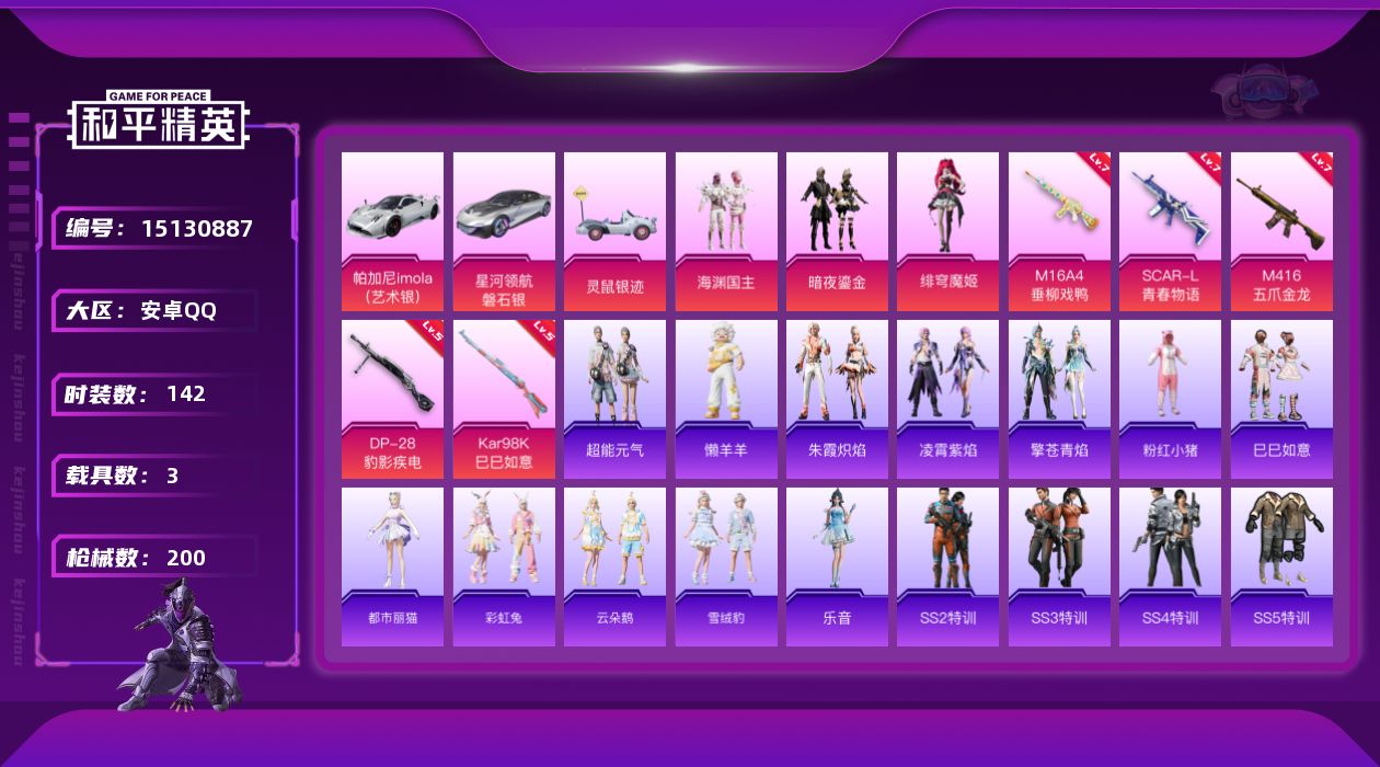 和平精英账号安卓QQ[15130887]【店主推荐捡漏号！可直接换绑】素材身法号 安卓 手Q-3粉装-5特效枪-3载具-2粉色飞行器-6.7w热力值-15王牌印记-142套装-200枪皮
【热门品类】：套装-粉红小猪
【