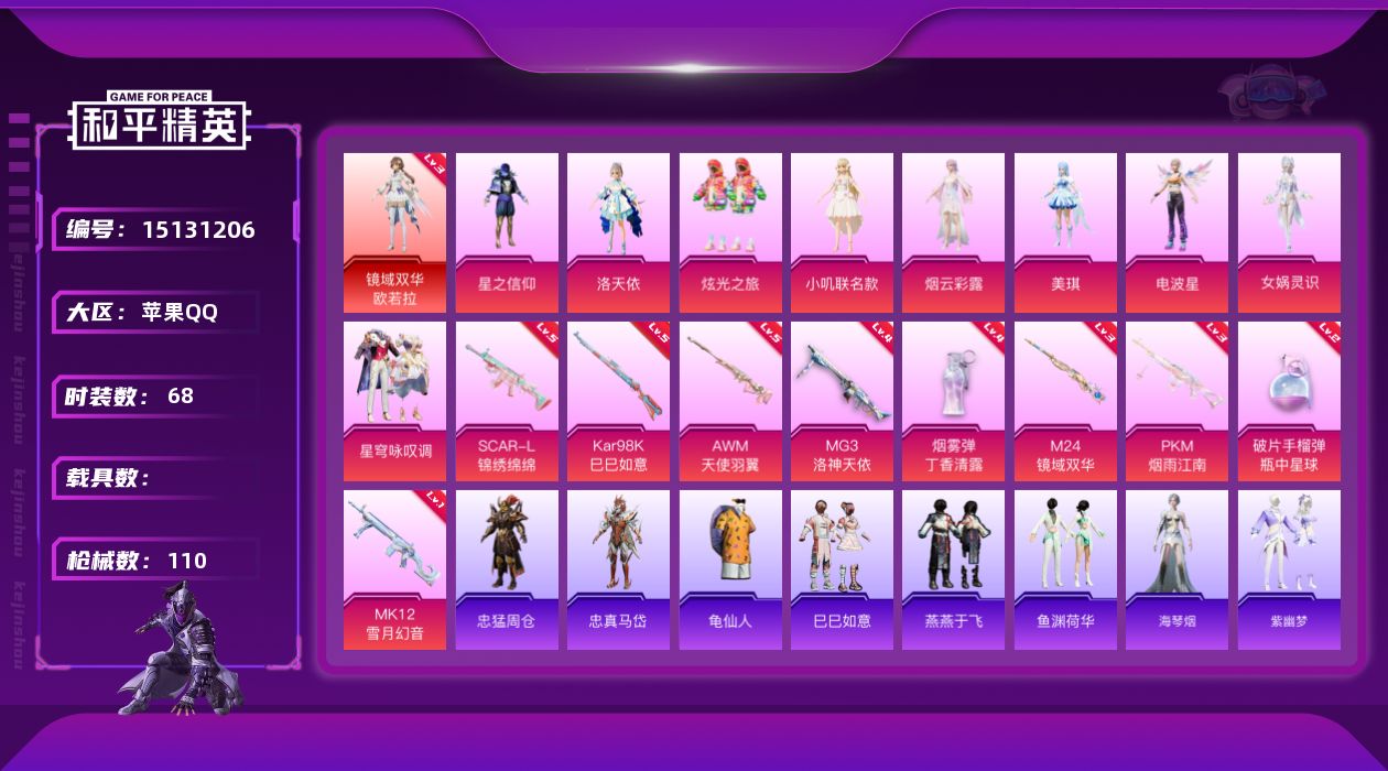 和平精英账号苹果QQ[15131206]MQ845-苹果 镜域双华-欧若拉(三级)手Q-1神装-9粉装-9特效枪-0载具-4粉色飞行器-41776热力值-3王牌印记-68套装-110枪皮
【红色神装等级】：镜域双华-欧若