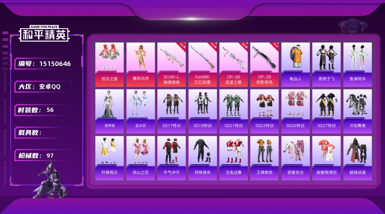 和平精英账号安卓QQ[15150646]【暑期末清货/特价急出/永久包赔/商品详情看图】：安卓 手Q-2粉装-4特效枪-2.3w热力值-2印记-56套装-97枪皮【特效枪等级】：SCAR-L-锦绣绵绵(五级)，Kar98