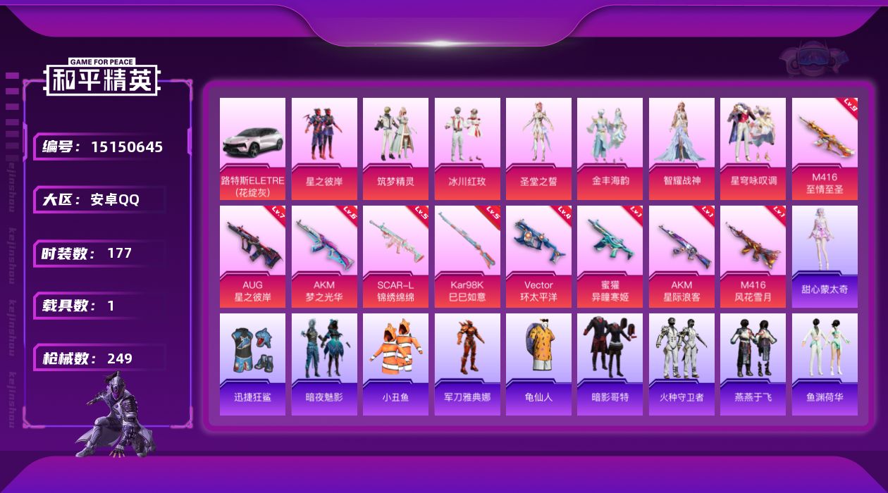 和平精英账号安卓QQ[15150645]【特价出售/店主推荐】安卓 手Q-7粉装-9特效枪-1载具-2粉色飞行器-78867热力值-13王牌印记-177套装-249枪皮
【热门品类】：套装-小丑鱼，角色-军刀雅典娜，套装