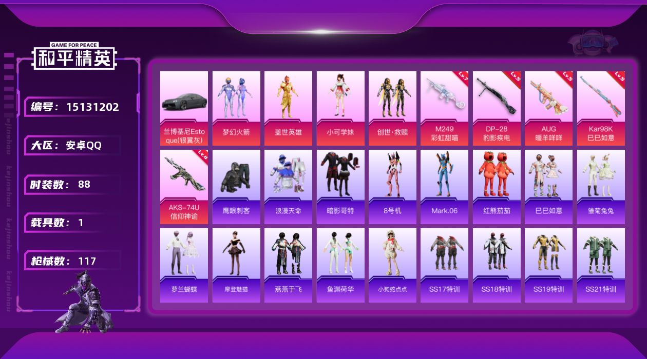 和平精英账号安卓QQ[15131202]【店主推荐捡漏号！可直接换绑】/地铁满天赋 安卓 手Q-4粉装-5特效枪-1载具-1粉色飞行器-3.7w热力值-3王牌印记-88套装-117枪皮【热门品类】：粉装-梦幻火箭，套装-
