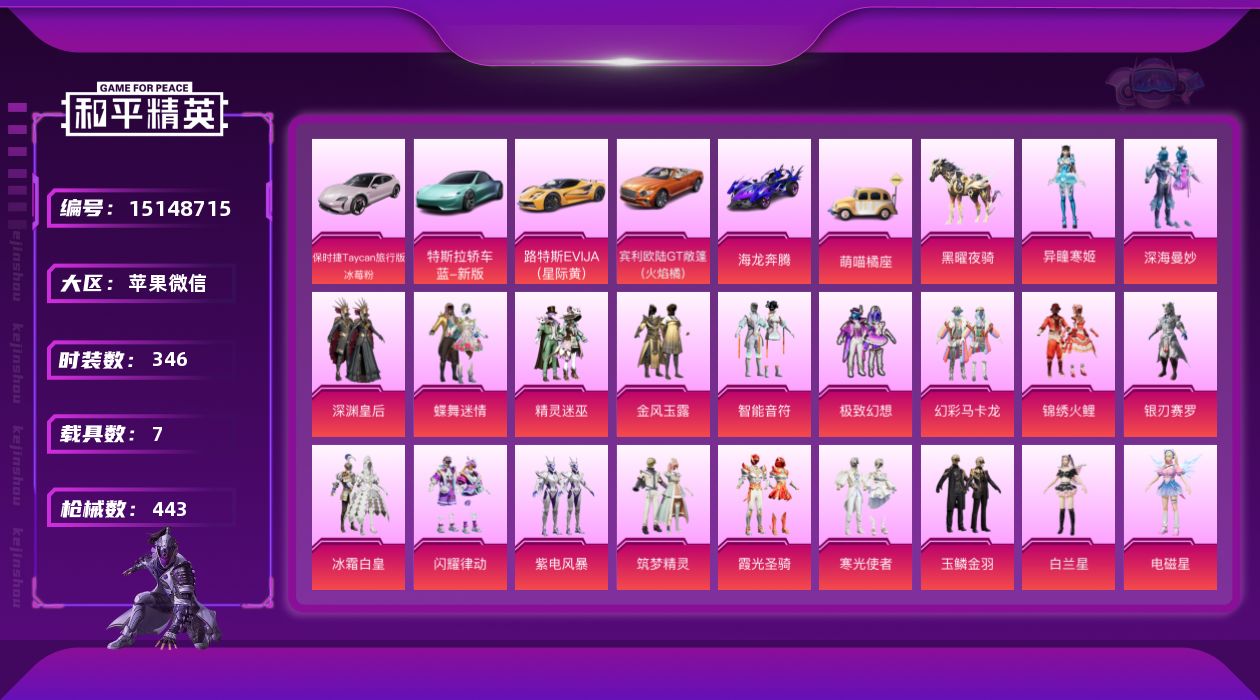 和平精英账号苹果微信[15148715]载具多！苹果 微信-23粉装-7特效枪-7载具+1僚机-13粉色飞行器-162955热力值-14王牌印记-346套装-443枪皮
【热门品类】：套装-SS1特训，套装-龟仙人
【粉