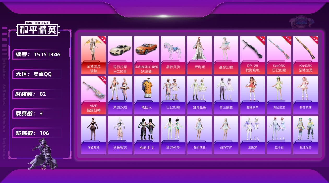 和平精英账号安卓QQ[15151346]素材身法号/璀璨碎片1888【特价急出/详情看图】：安卓 手Q-1神装-2粉装-4特效枪-3载具-1粉色飞行器-3.4w热力值-8王牌印记-82套装-106枪皮【红色神装等级】：圣