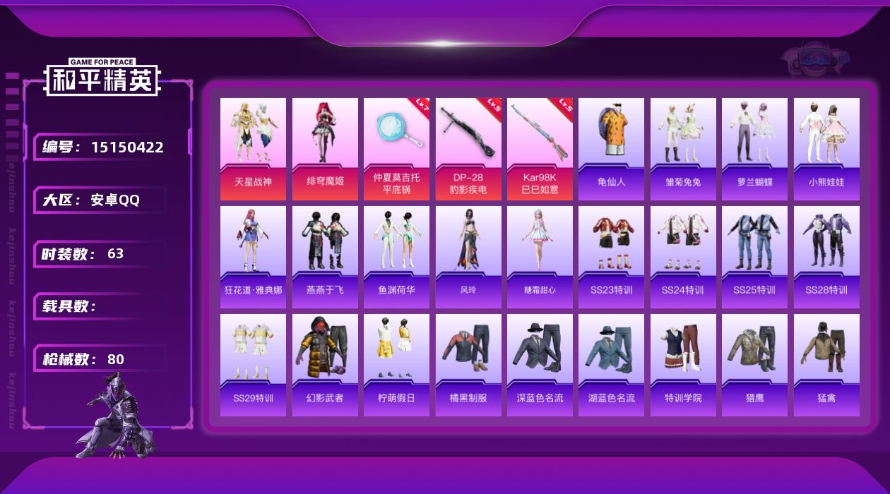 和平精英账号安卓QQ[15150422]地铁满天赋【暑期末清货/特价急出/永久包赔】：安卓 手Q-2粉装-3特效枪-2.2w热力值-2印记-63套装-80枪皮【特效枪等级】：Kar98K-巳巳如意(五级)，DP-28-豹