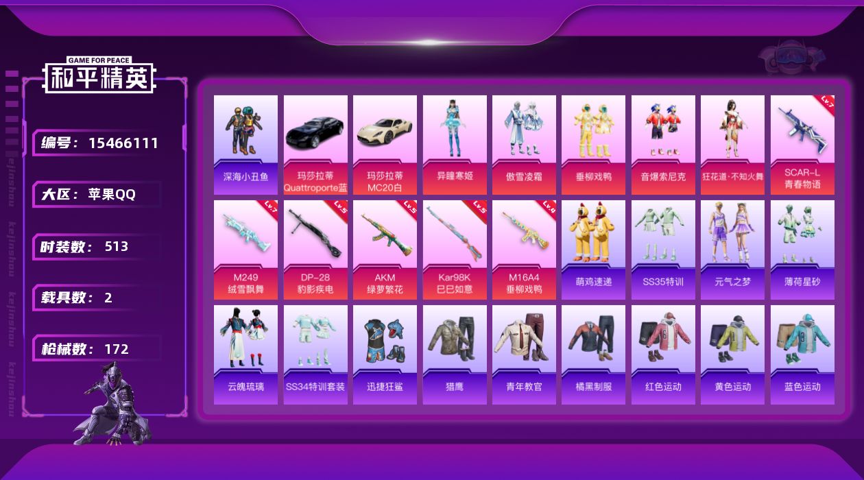 和平精英账号苹果QQ[15466111]5粉装 6特效枪 2.0载具 14印记 可二次 
【热门装扮】迅捷狂鲨,深海小丑