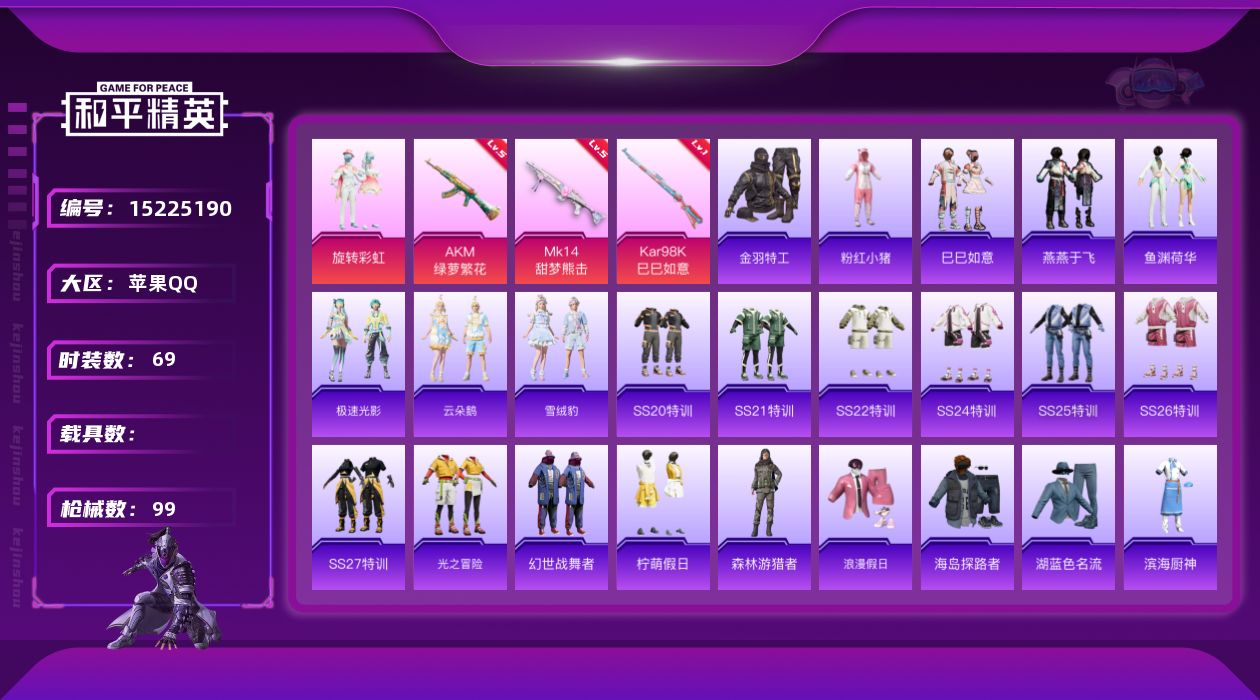 和平精英账号苹果QQ[15225190]【店主推荐捡漏号！可直接换绑】苹果 手Q-1粉装-3特效枪-0载具-0粉色飞行器-26303热力值-2王牌印记-69套装-99枪皮
【热门品类】：套装-金羽特工，套装-粉红小猪
【