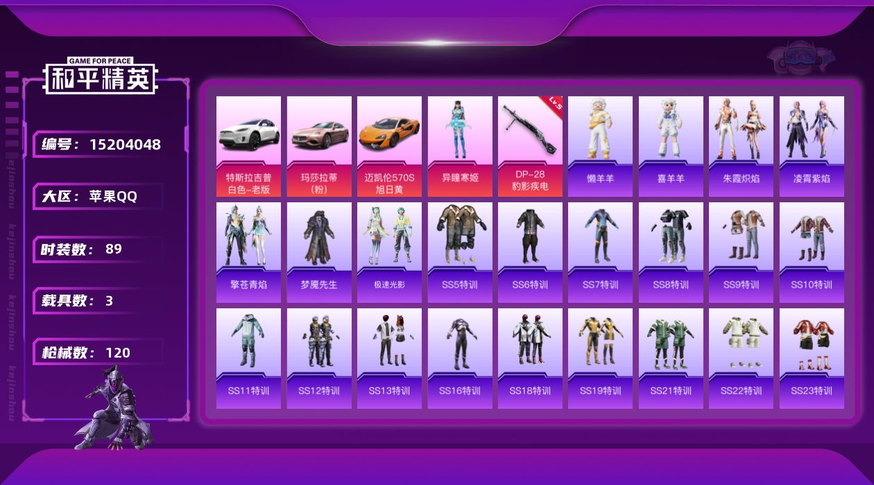 和平精英账号苹果QQ[15204048]可二次【店主推荐捡漏号！可直接换绑】 苹果 手Q-1粉装-1特效枪-3载具-1粉色飞行器-3.6w热力值-15王牌印记-89套装-120枪皮=【热门品类】：绝对防御上衣【粉色载具】