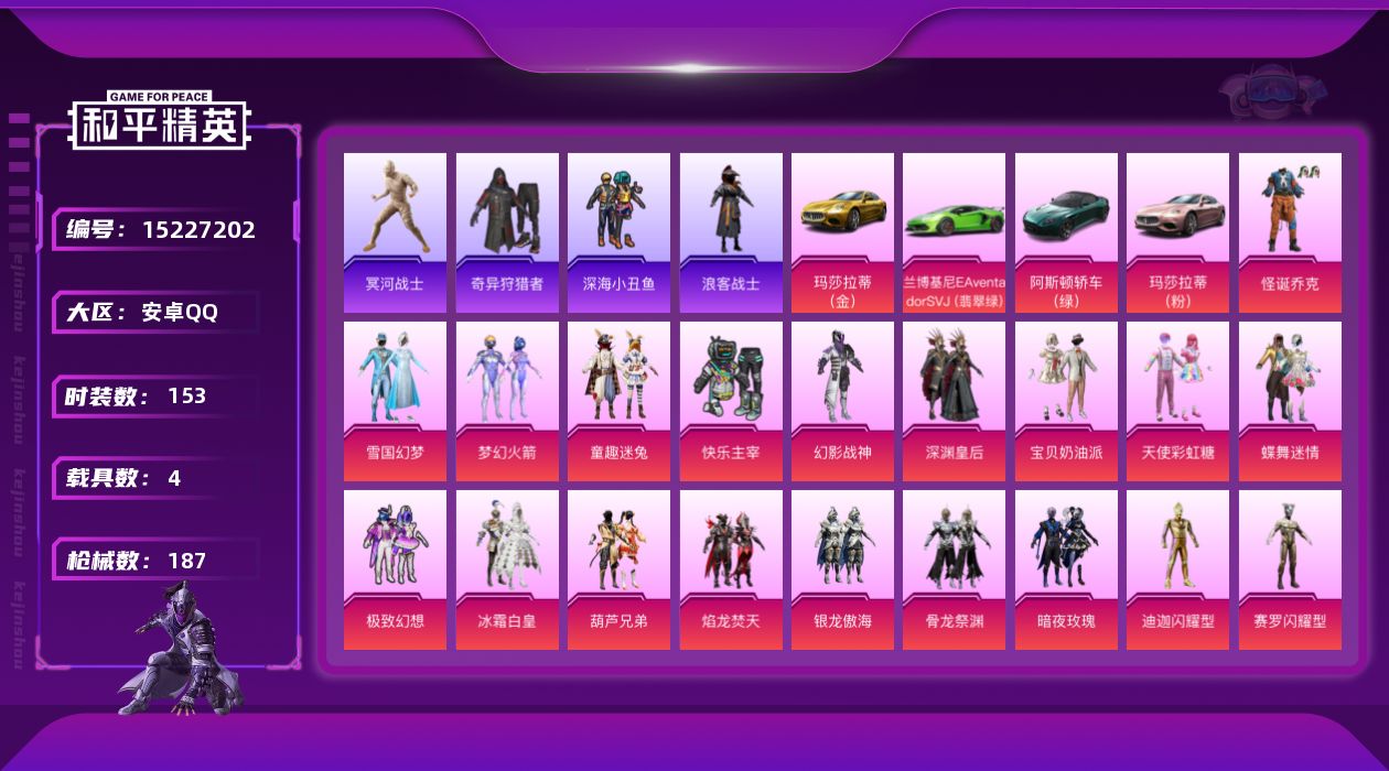 和平精英账号安卓QQ[15227202]可二次【店主推荐捡漏号！可直接换绑】/素材身法号/老木乃伊  安卓 手Q-27粉装-11特效枪-4载具-4粉色飞行器-8.3w热力值-5王牌印记-153套装-187枪皮【热门品类】