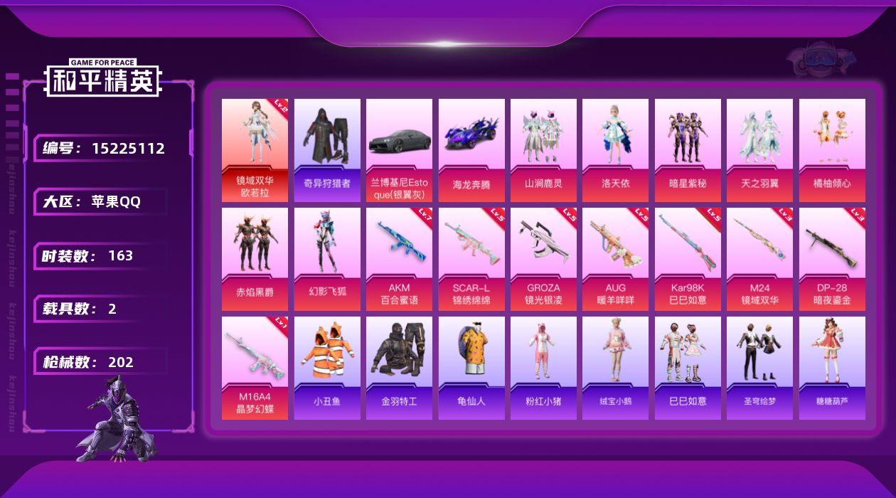 和平精英账号苹果QQ[15225112]【店主推荐捡漏号！可直接换绑】 地铁满天赋 苹果 手Q-1神装-7粉装-8特效枪-2载具-5粉色飞行器-6.8w热力值-8王牌印记-163套装-202枪皮【红色神装等级】：镜域双华
