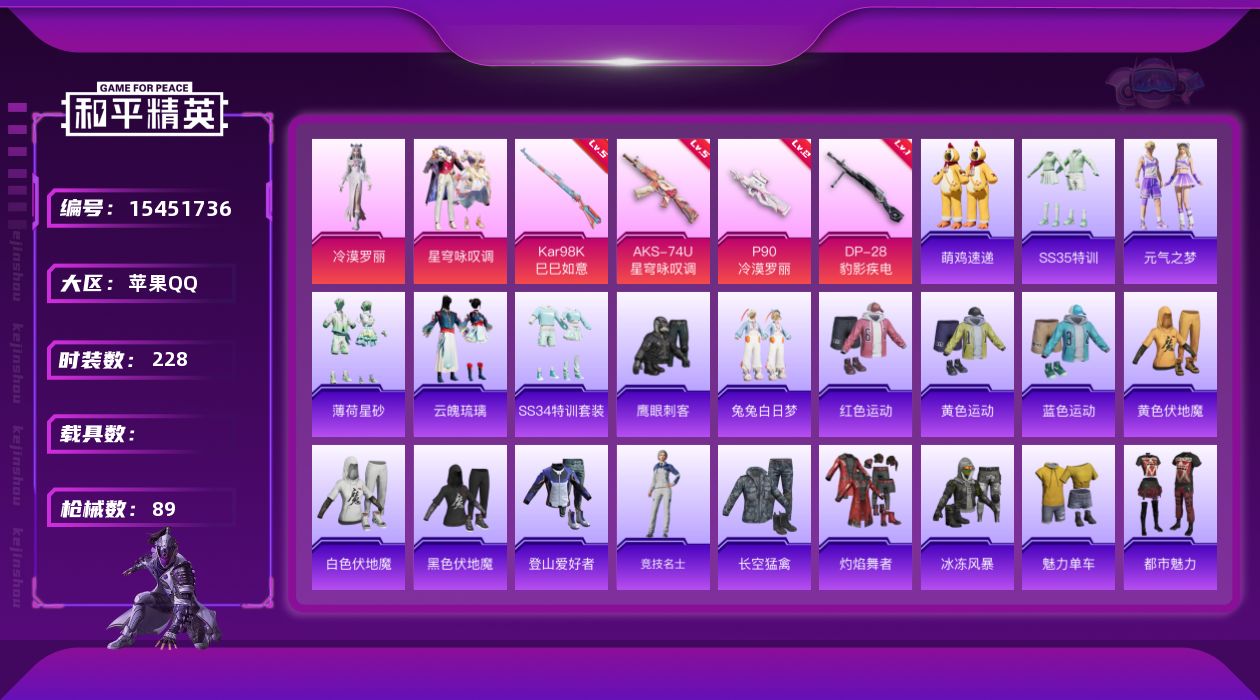 和平精英账号苹果QQ2粉装 4特效枪 0.0载具 2印记 可二次 
【热门装扮】鹰眼刺客,兔兔白日梦,冷漠罗丽,星穹咏叹
