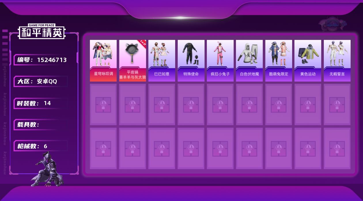 和平精英账号安卓QQ[15246713]【特价急出/详情看图】：安卓 手Q-1粉装-1特效枪-3915热力值-14套装-6枪皮【粉色套装】：粉装-星穹咏叹调【粉色枪皮等级】：平底锅-喜羊羊与灰太狼(二级)