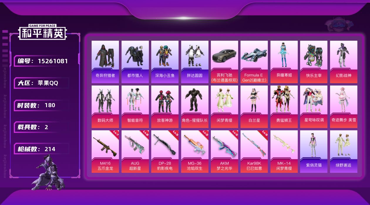 和平精英账号苹果QQ[15261081]【店主推荐捡漏号！可直接换绑】/素材身法号/绝世印记2/地铁满天赋  苹果 手Q-13粉装-7特效枪-2载具-1粉色飞行器-7w热力值-16王牌印记-180套装-214枪皮【热门品