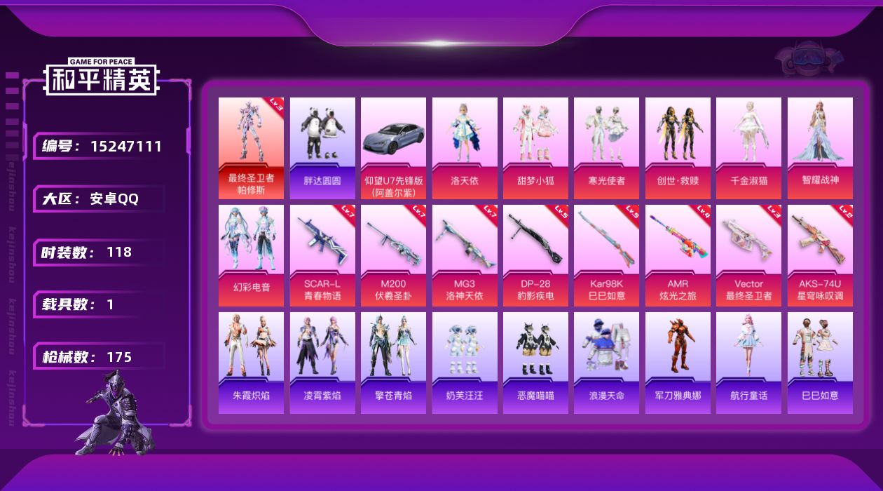 和平精英账号安卓QQ[15247111]素材身法号【特价急出/详情看图】：安卓 手Q-1神装-7粉装-8特效枪-1载具-2粉色飞行器-6w热力值-11王牌印记-118套装-175枪皮【红色神装等级】：最终圣卫者-帕修斯(