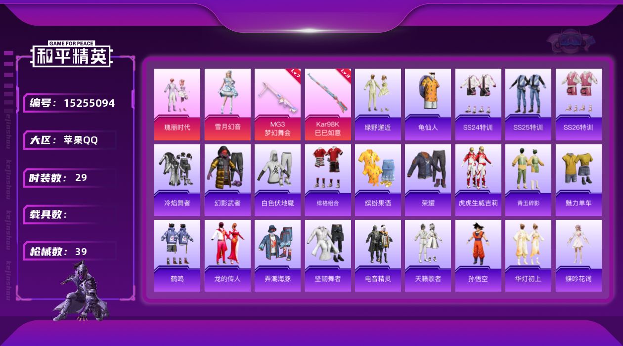 和平精英账号苹果QQ[15255094]【特价急出/详情看图】：苹果 手Q-3粉装-2特效枪-1.2w热力值-1王牌印记-29套装-39枪皮【热门品类】：套装-龟仙人【粉色套装】：粉装-瑰丽时代，粉装-绿野邂逅，粉装-雪