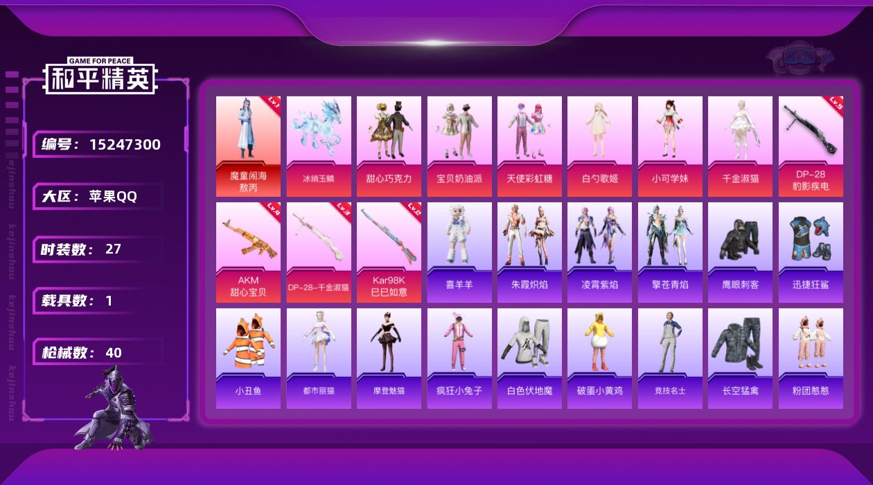 和平精英账号苹果QQ[15247300]【特价急出/详情看图】：苹果 手Q-1神装-6粉装-4特效枪-1载具-3粉色飞行器-1.5w热力值-1王牌印记-27套装-40枪皮【红色神装等级】：魔童闹海-敖丙(一级)【热门品类